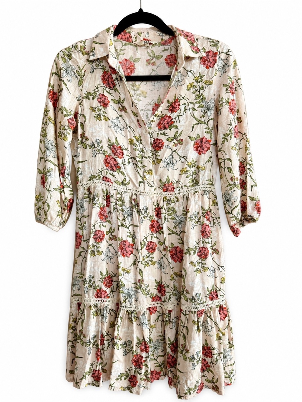 AND Floral Tiered Midi Dress Button Front 3/4 Sleeves Lace Trim Cottagecore 8